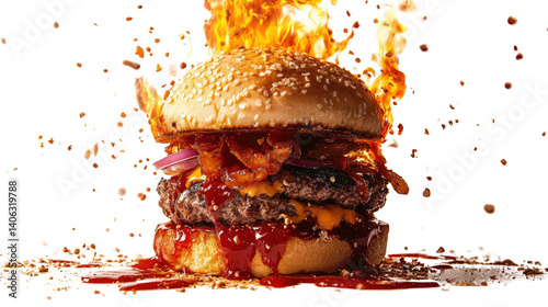 A sizzling double-layer burger with dripping sauce and a sesame seed bun, flames rising behind for an intense and appetizing look,Transparent background, PNG file