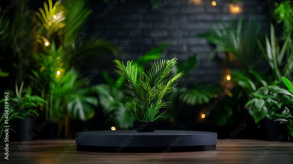 Tropical Plant on Rotating Display with Dark Background. Tropical Plant on Rotating Display with Dark Background.