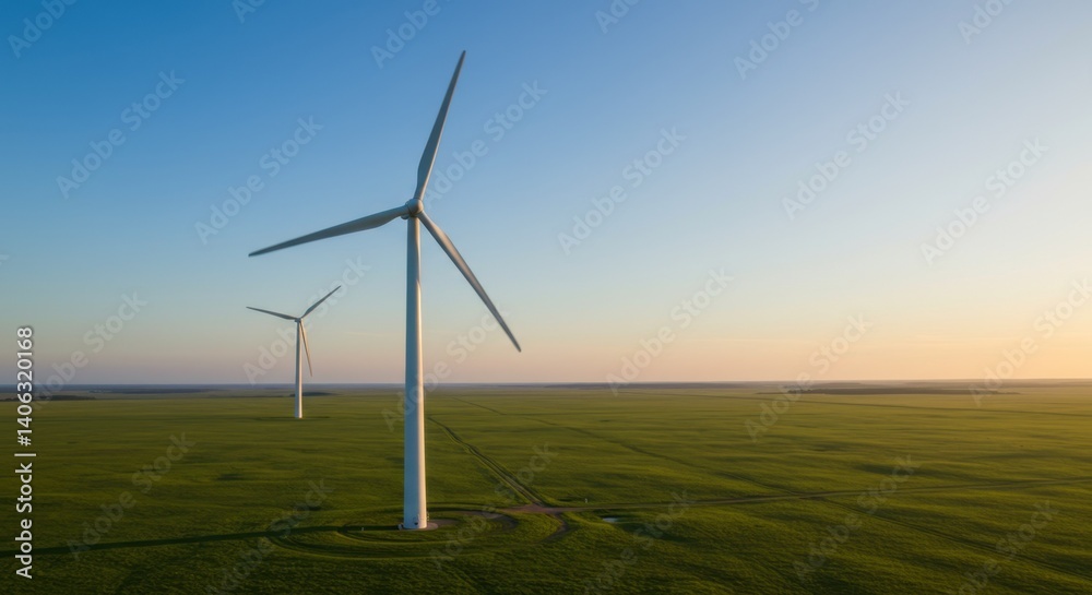 Obraz premium Serene Sunset View of Wind Turbines in a Vast Green Field: Sustainable Energy Landscape