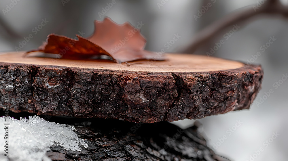 Fototapeta premium Rustic wood slice with autumn leaf close up nature photography
