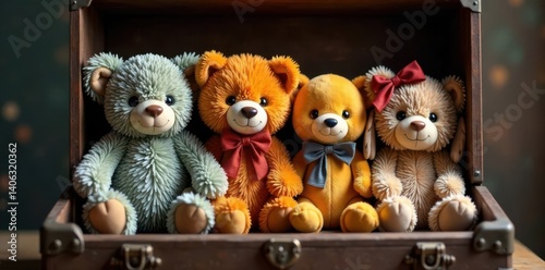 Stuffed animals in old trunk, storage, trunk