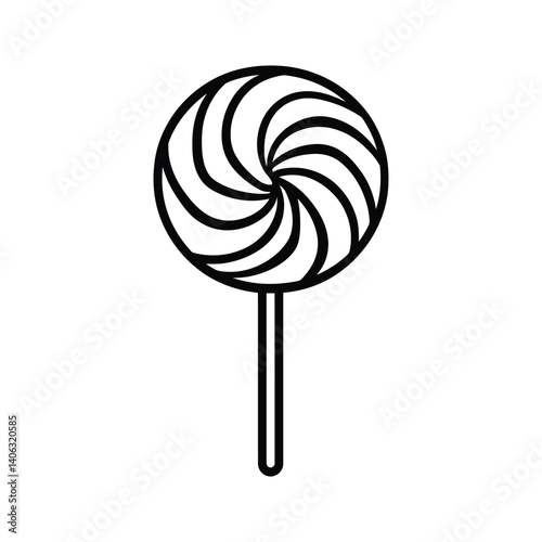 Round Lollipop with Swirls and Stick in Black Outline on Transparent Background
