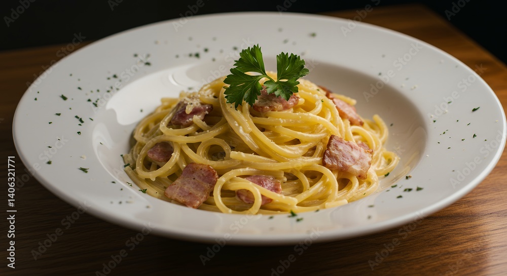 Serving of Spaghetti with Meat and Herbs in a White Plate Serving of Spaghetti with Meat and Herbs in a White Plate