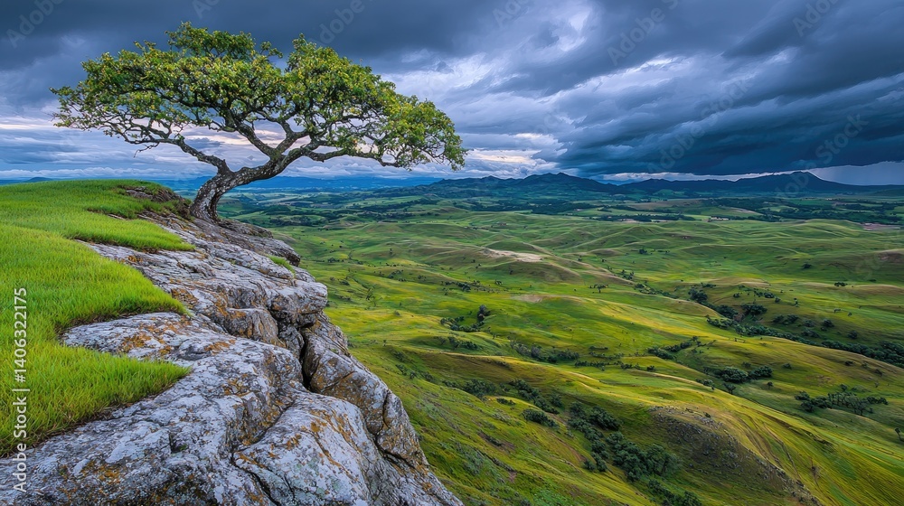 Fototapeta premium Majestic tree on a cliff overlooking a valley