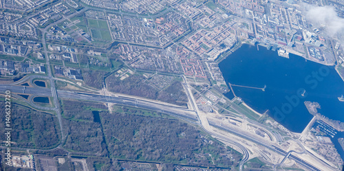 Obraz na płótnie Netherlands, Holland, Dutch, Aerial view of city outskirts in the day from an aeroplane window w salonie