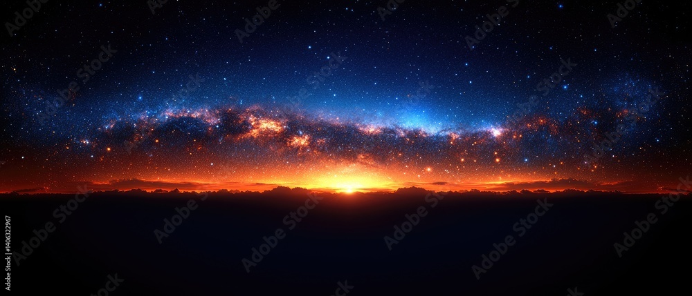Naklejka premium Cosmic Dawn Starry night sky meets fiery horizon