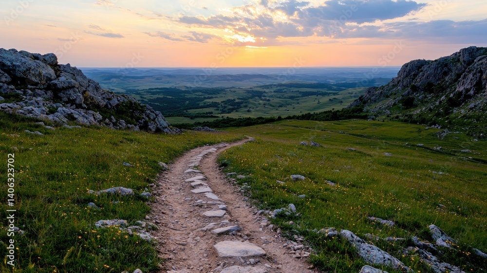 Fototapeta premium Winding mountain trail at sunset serene valley landscape photography