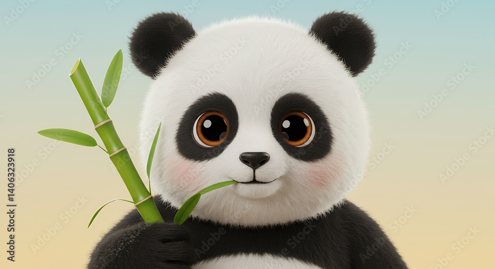 Naklejka premium Cute Panda Eating Bamboo Stick, Illustration, Animal Portrait
