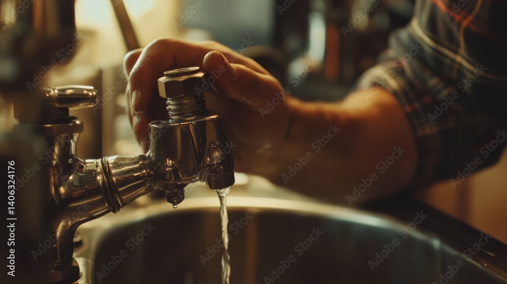 Naklejka premium Plumber replacing a water valve under a sink. Featuring plumbing and home repairs