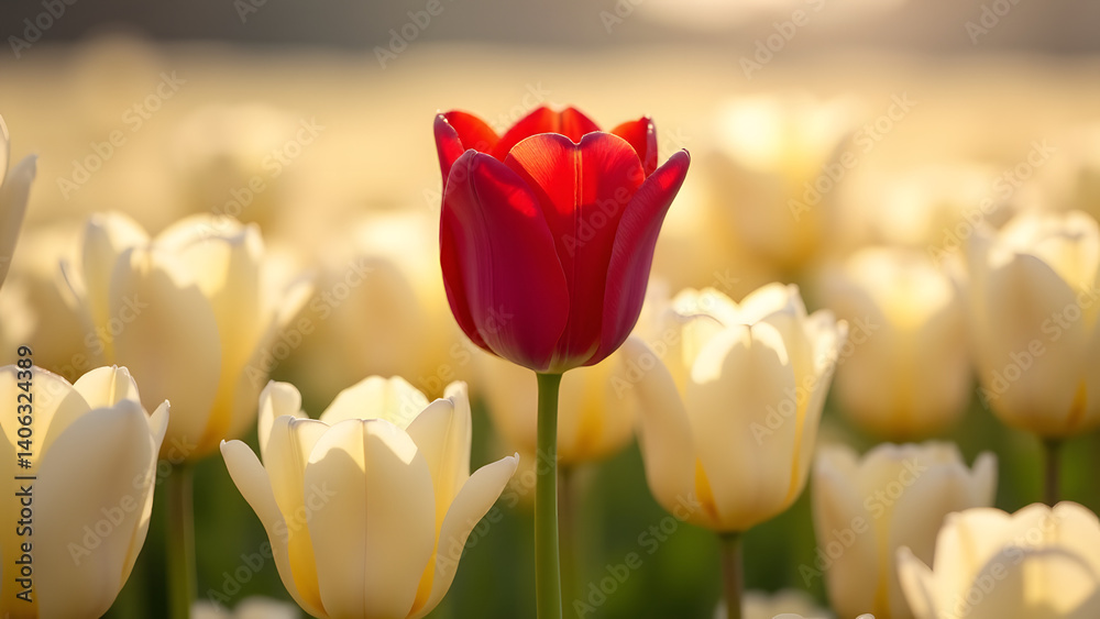 Obraz premium A garnet-red tulip anchors a champagne-white field, its iridescent petals glowing in diffused afternoon light amid perfect floral spirals.