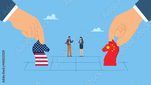 Business people look and discuss, in frotnt of hands playing chess pieces with USA and China flag motifs. Wait and see to make business decisions regarding the trade war.