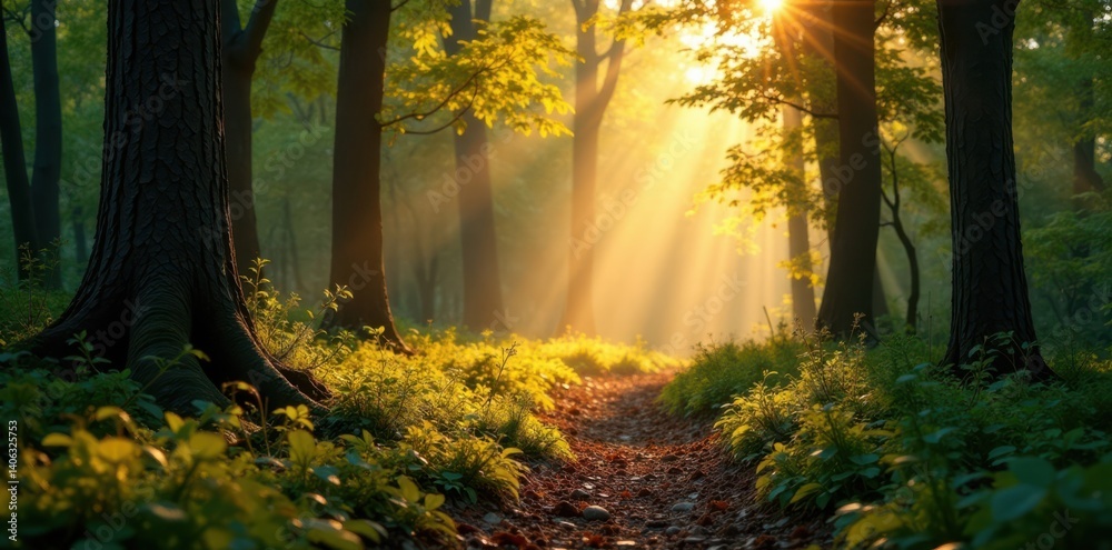 Obraz premium Forest floor illuminated by warm sunlight filtering through trees, sunlight, forest