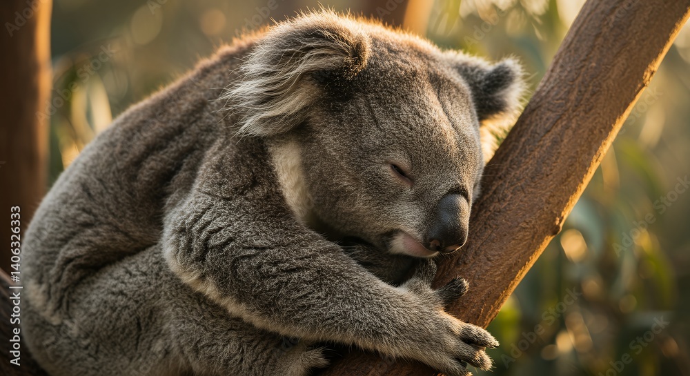 Obraz premium Koala Sleeping Peacefully on Tree Branch in Warm Light