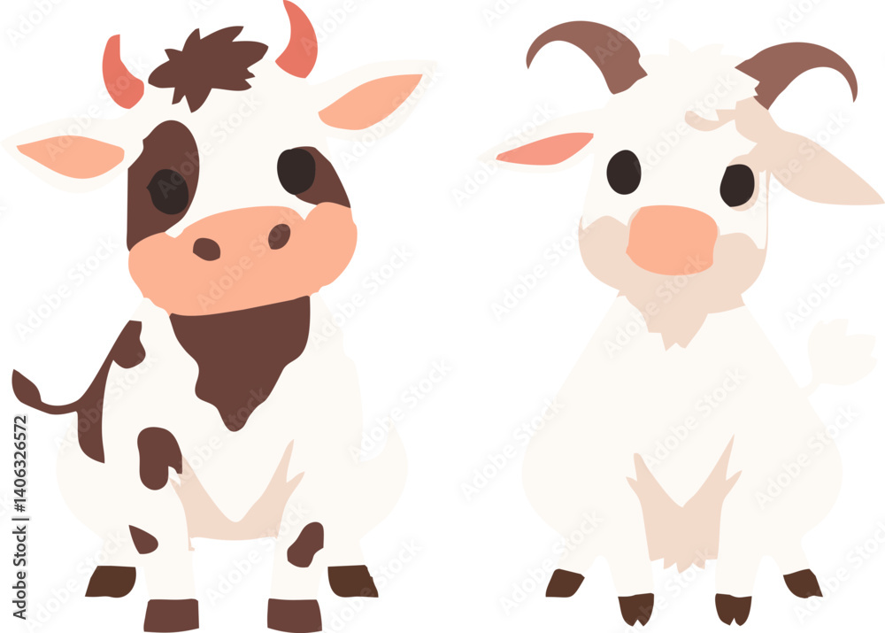 Naklejka premium Cartoon Cow and Goat Vector Set - Cute Farm Animal Illustration