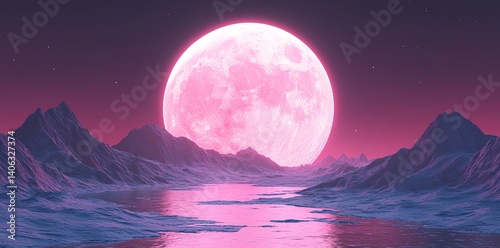 Serene mountains and a calm lake reflect a giant pink moon in a night scene. Perfect for fantasy or sci-fi artwork.