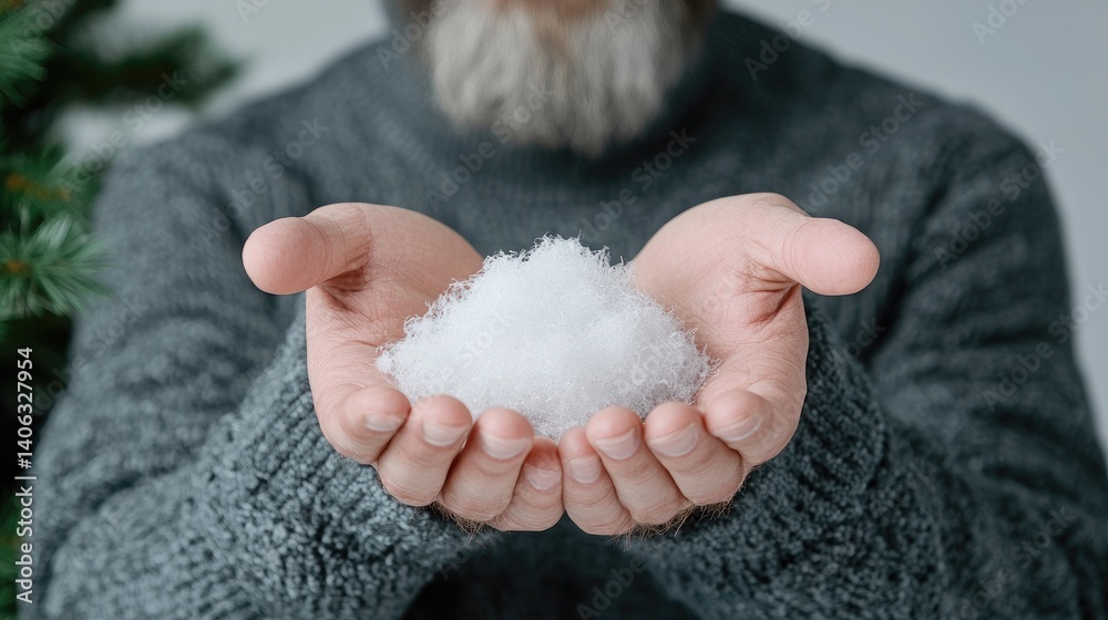 A man holds a fluffy pile of snow in his hands A man holds a fluffy pile of snow in his hands