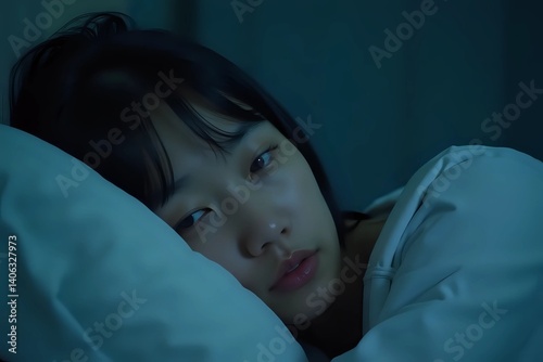 Young asian woman cannot sleep insomnia late at night. Can't sleep. Sleep apnea or stress. Sleep disorder concept with copy space