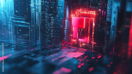 A digital lock surrounded by floating data streams