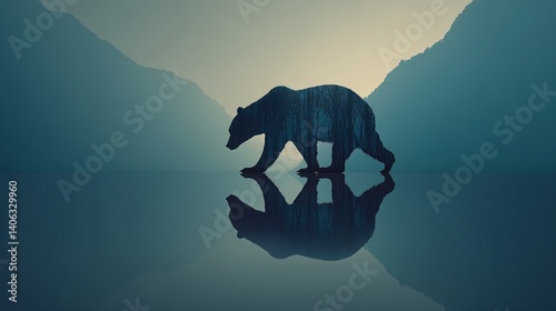 Majestic Bear Walking Through Tranquil Forest Lake at Dusk Nature Scene Serene Environment Silhouette Viewpoint