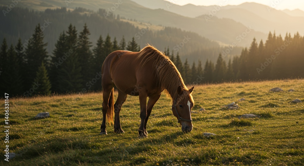 Obraz premium Horse Grazing in Mountain Meadow at Sunrise Landscape