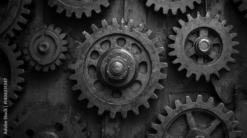 Intricate Arrangement of Metallic Gears in Industrial Machinery Intricate Arrangement of Metallic Gears in Industrial Machinery