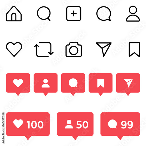 Social media icon notification like comment direct message share signs ui app element graphic