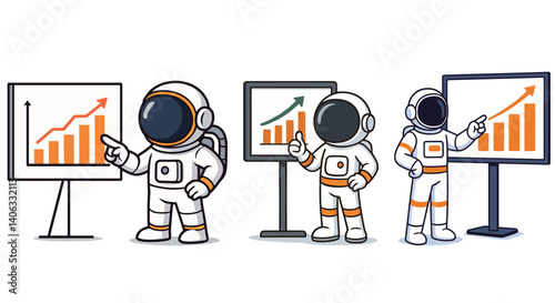 Business presentation set with cartoon astronauts. Teamwork, explaining, pointing to chart board, analyzing graph, giving report. Flat vector illustrations isolated on white background.