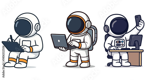 Mobile device and laptop usage set with cartoon astronauts. Holding smartphone, using tablets, typing on laptop. Flat vector illustrations on white background.