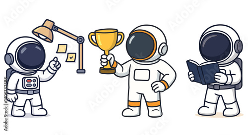 Celebration and achievement set with cartoon astronauts. Receiving trophy, taking photos, reading report. Flat vector illustrations on white background.