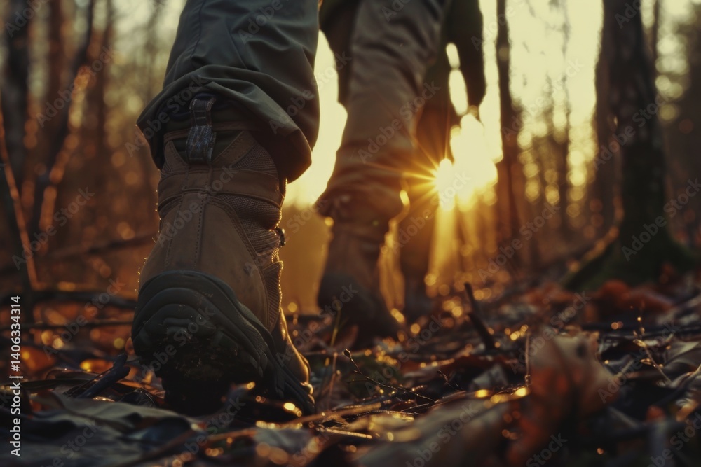 Hikers walking in forest in sunset light Hikers walking in forest in sunset light
