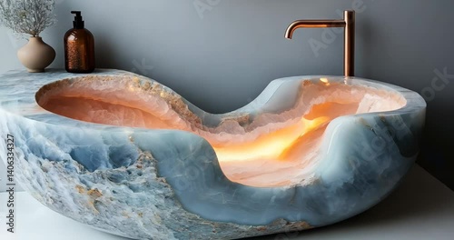 Luxurious onyx stone sink with flowing water and ambient lighting in elegant bathroom