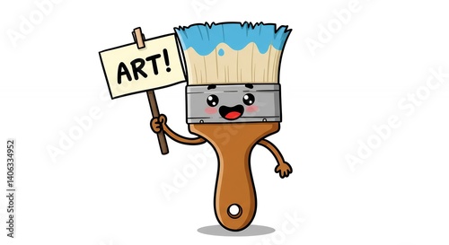 Cute cartoon paintbrush character holding art sign