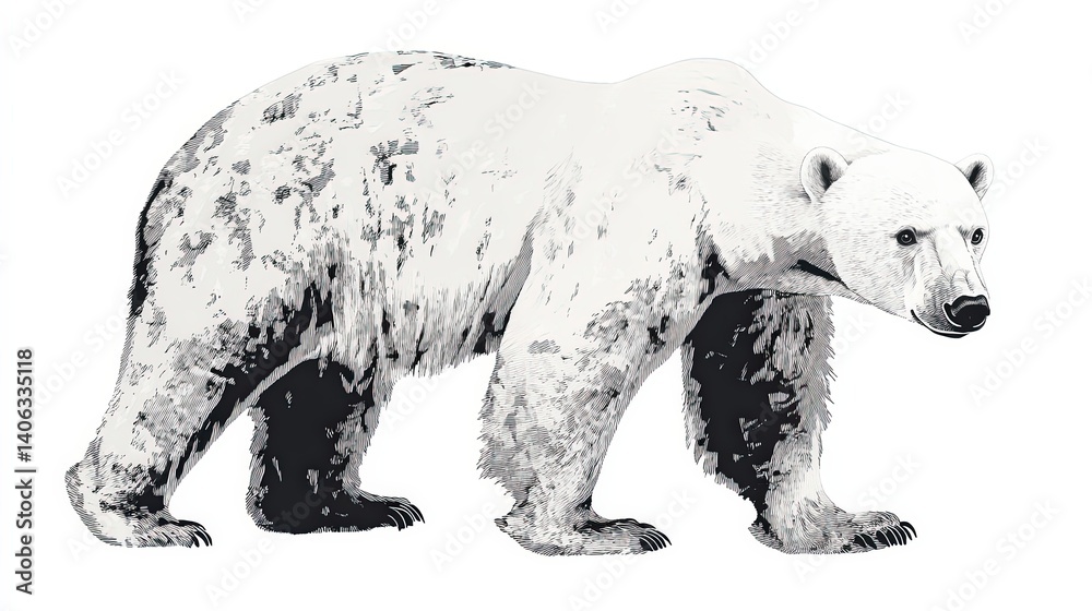 Fototapeta premium Grunge shaped brushed illustration of a Polar Bear (Ursus maritimus), isolated on white background, in style of vector. 