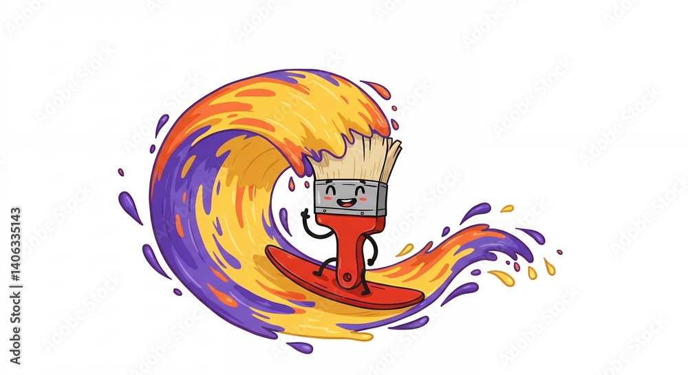 Fototapeta premium Cute paintbrush riding colorful paint wave