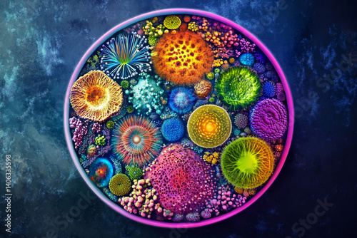 A colorful circular design featuring various microscopic elements such as cells, algae, and moss.