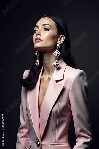 Elegant woman in a pink suit showcasing bold earrings against a dark background, exuding confidence