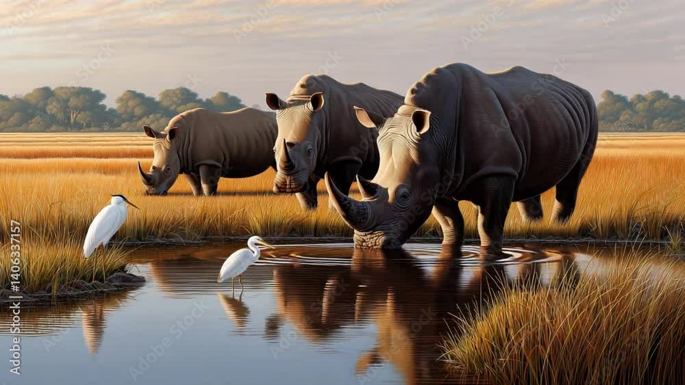 Rhinos at Watering Hole: A captivating tableau unfolds as three majestic rhinos quench their thirst at a tranquil watering hole.