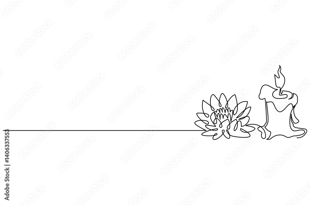 Continuous one line drawing of Candle and Lotus flower. Single line drawing illustration of Lotus flower and candle. Wellness and spa treatment concept vector art. Doodle line illustration.