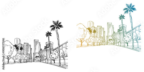 Nice view of modern Los Angeles. California. USA. Hand drawn Urban sketch. Vector illustration. Urban landscape. Postcard style.