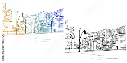 Nice view of Modern Los Angeles landscape. California, USA. Two Hand drawn sketches. Line art. Vector illustration. Urban background.