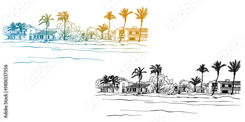Nice view of Florida landscape. USA. Ocean beach and palm trees. Two Hand drawn sketches. 