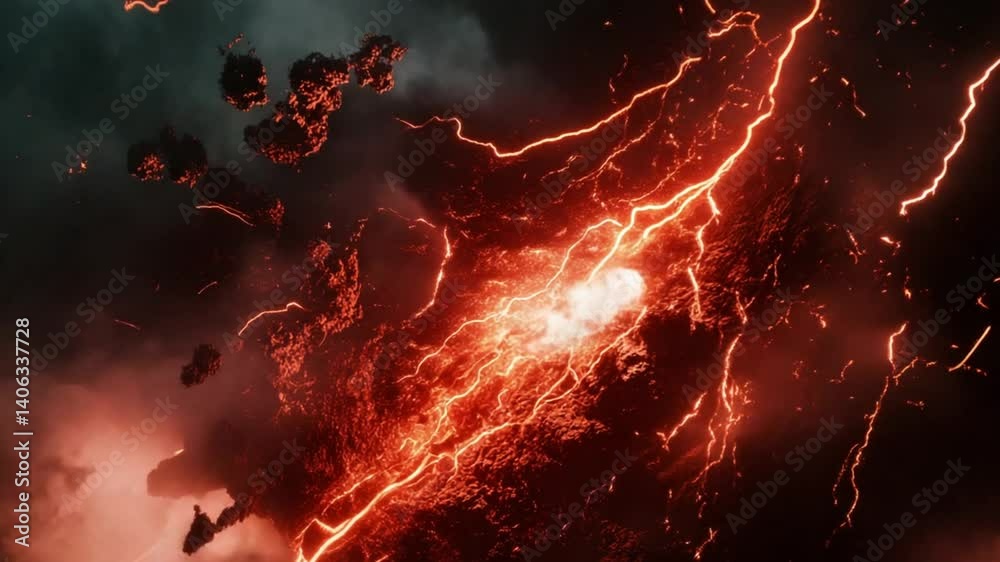 Dramatic red lightning strikes with fiery rock formations in a dark ominous sky