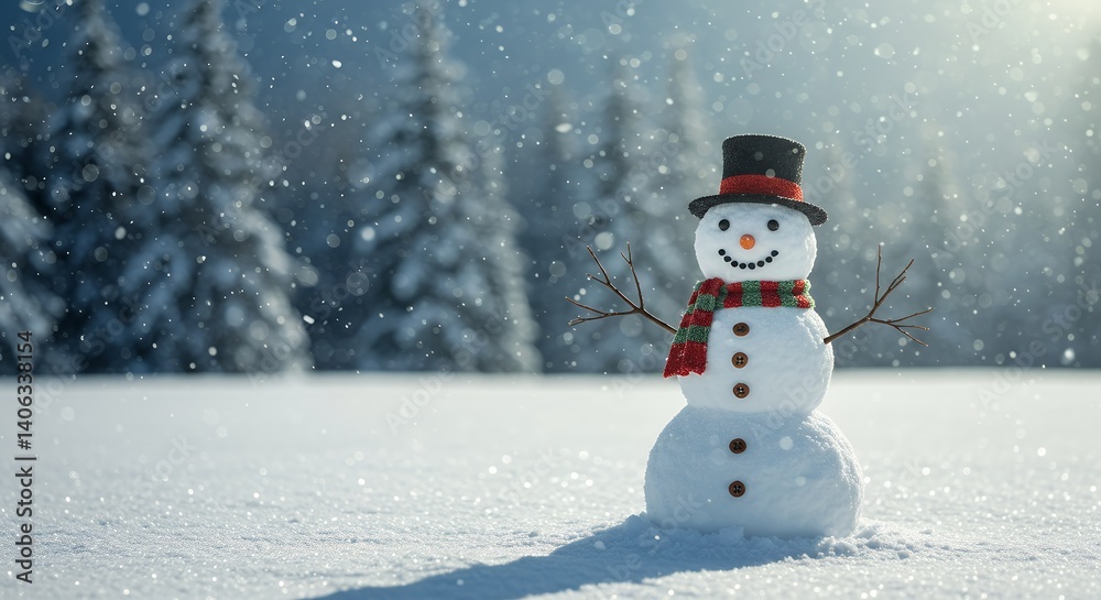 Fototapeta premium Snowman Standing in Snowy Winter Landscape with Falling Snow
