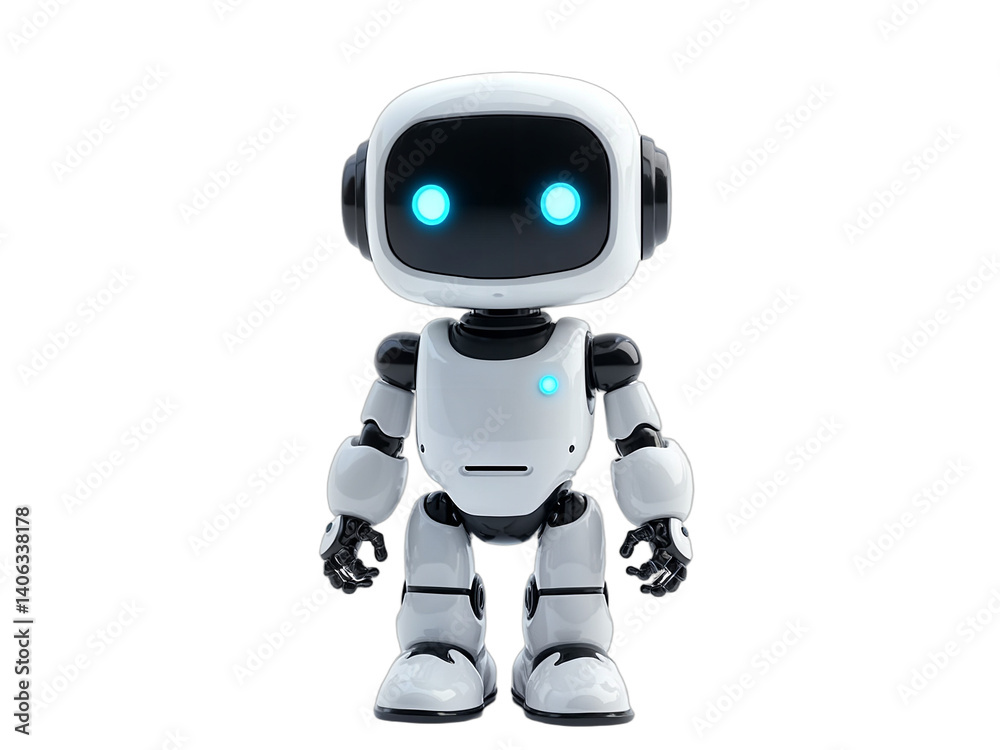Friendly white robot, AI chatbot concept. Square head, glowing blue eyes, neon highlights. Digital render, studio lighting, modern look. Isolated on transparent background. Friendly white robot, AI chatbot concept. Square head, glowing blue eyes, neon highlights. Digital render, studio lighting, modern look. Isolated on transparent background.