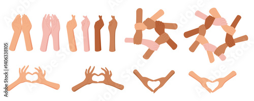Flat set of heart gestures with diverse bare hand shapes symbolizing k-pop and love. Multicultural and community symbol of solidarity, unity, care. Creative art for cultural, social, charity themes,