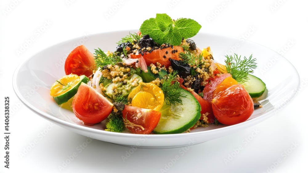 A vibrant and healthy salad featu fresh tomatoes, cucumbers, and mint garnished with quinoa and sesame seeds served on a pristine white plate against a pure white background. A vibrant and healthy salad featu fresh tomatoes, cucumbers, and mint garnished with quinoa and sesame seeds served on a pristine white plate against a pure white background.