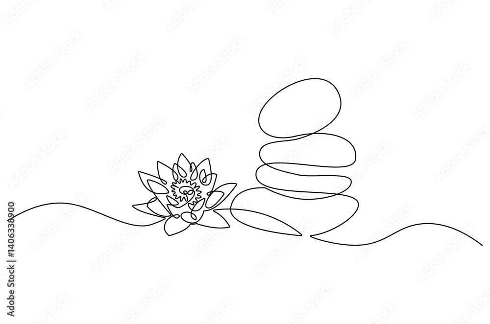 Continuous one line drawing of Stones and Lotus flower. Single line drawing illustration of Lotus flower and Stone. Wellness and spa treatment concept vector art. Doodle line illustration.