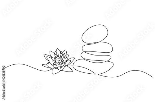 Continuous one line drawing of Stones and Lotus flower. Single line drawing illustration of Lotus flower and Stone. Wellness and spa treatment concept vector art. Doodle line illustration.