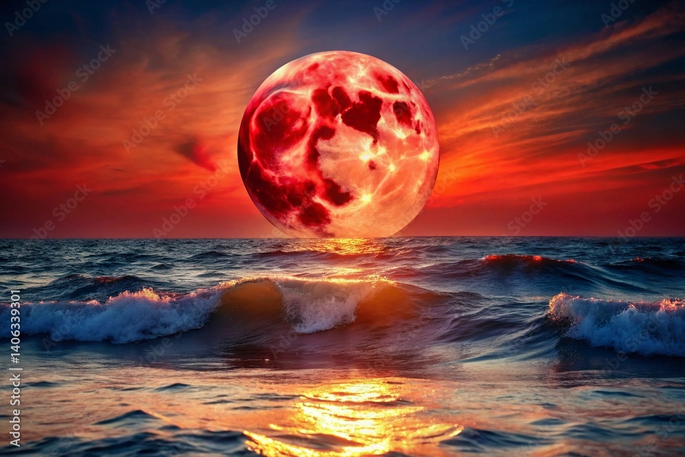 Hyper-realistic red moon over the ocean, its crimson light shimmering vividly across the rippling waves