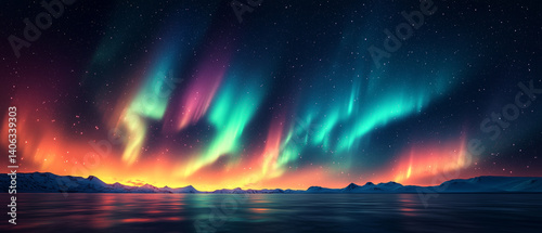 Northern Lights with vibrant greens, purples, and blues dancing across a starry sky